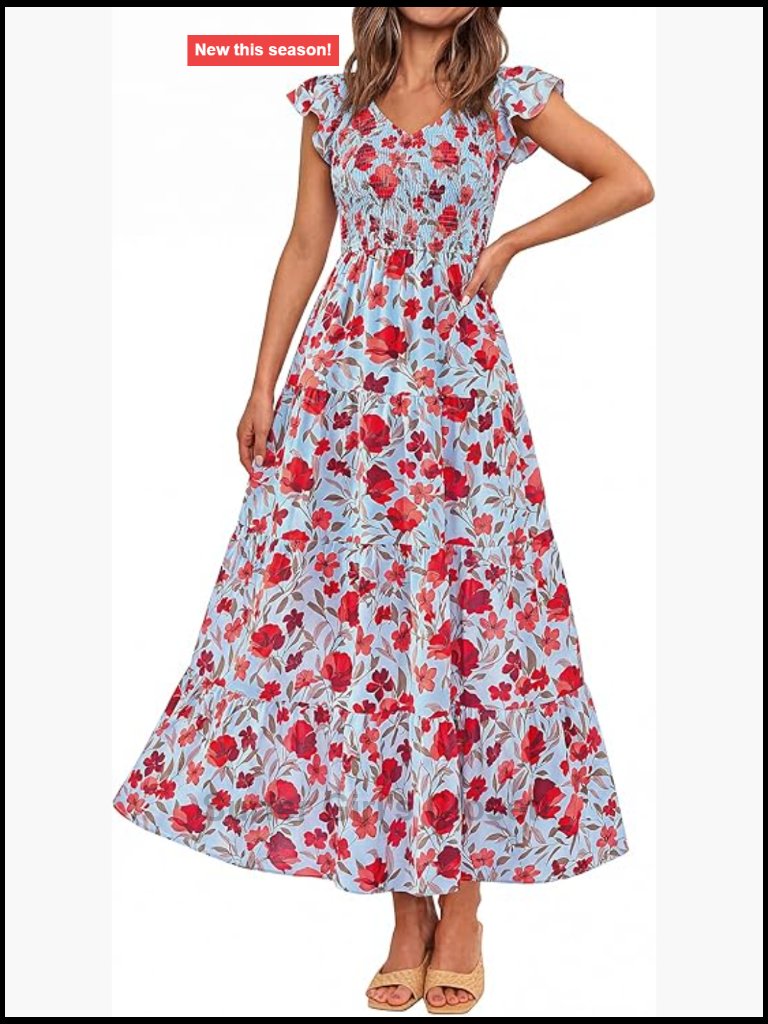 Flowy Maxi Dress V Neck Cap Sleeve Smocked Tiered A Line Summer Sundress